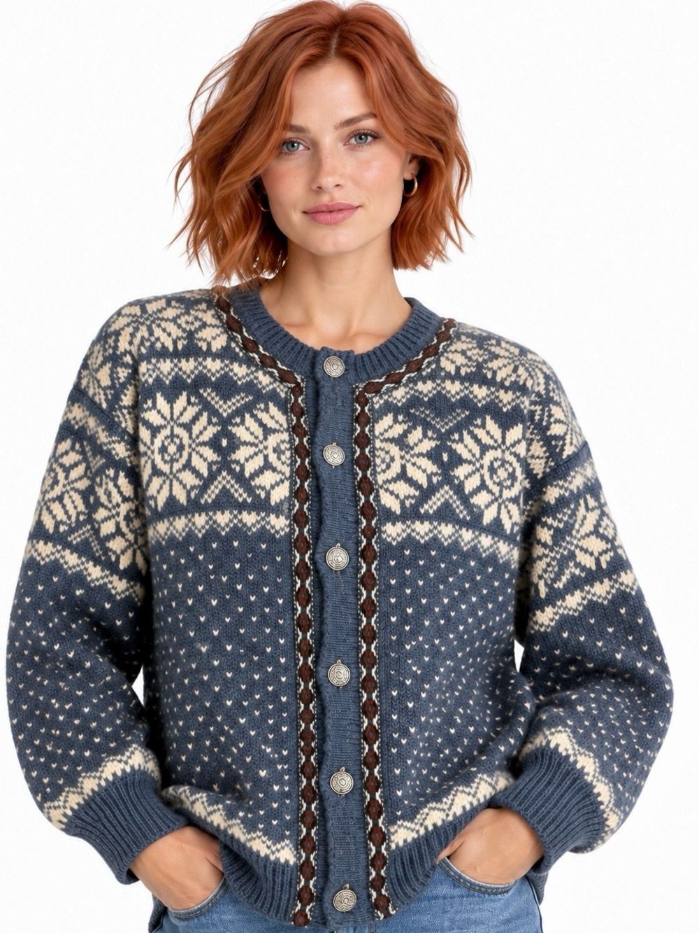 Dale of Norway Pure Wool Fair Isle Snowflake Cardigan Sweater L Vintage